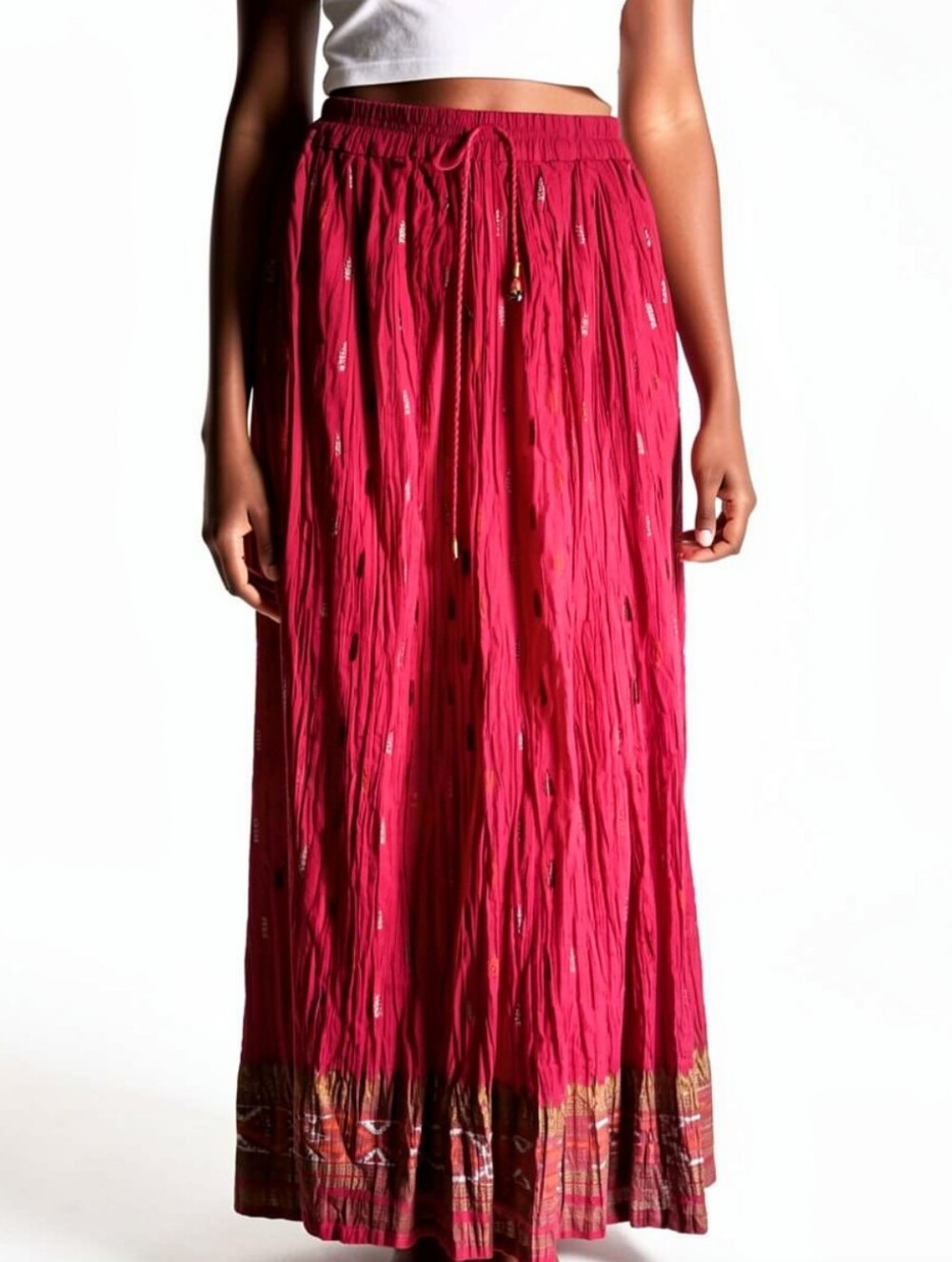 Bohemian Crinkle Vibrant Pink Maxi Skirt with Drawstring Waist and Border Detail